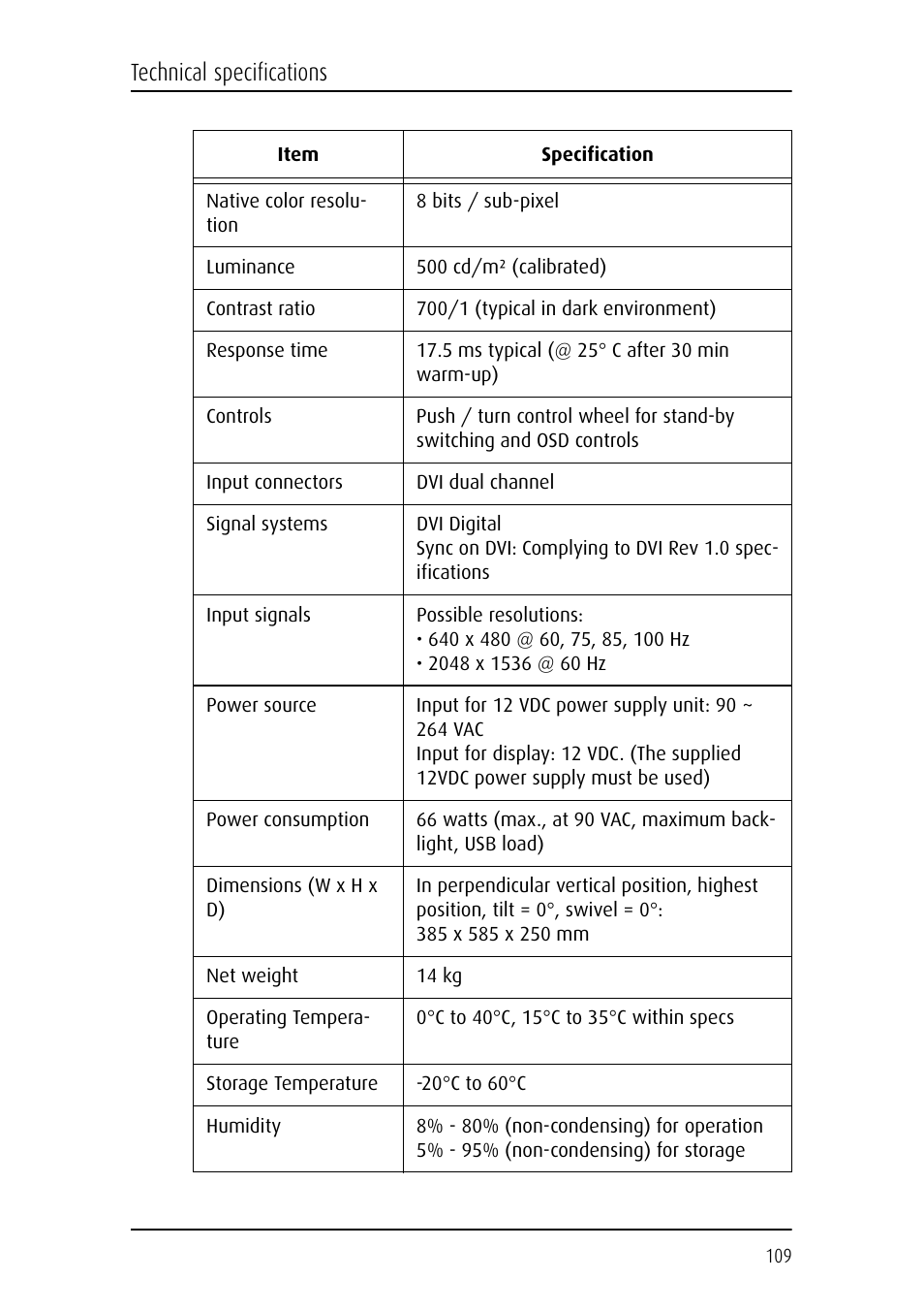 Technical specifications | Barco CORONIS MFGD 3621 User Manual | Page 109 / 119