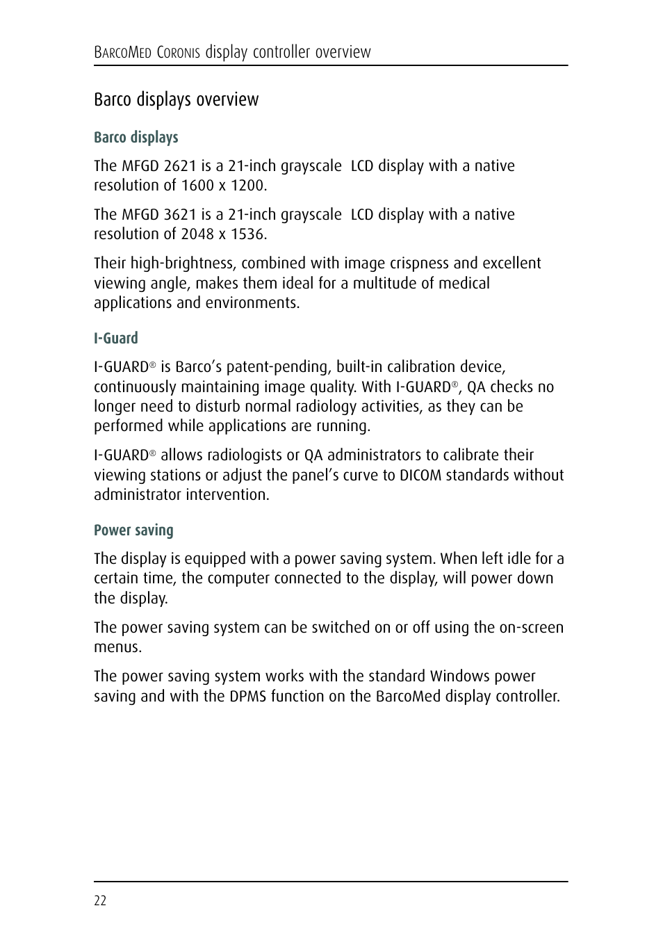 Barco displays overview | Barco CORONIS MFGD 3621 User Manual | Page 22 / 119