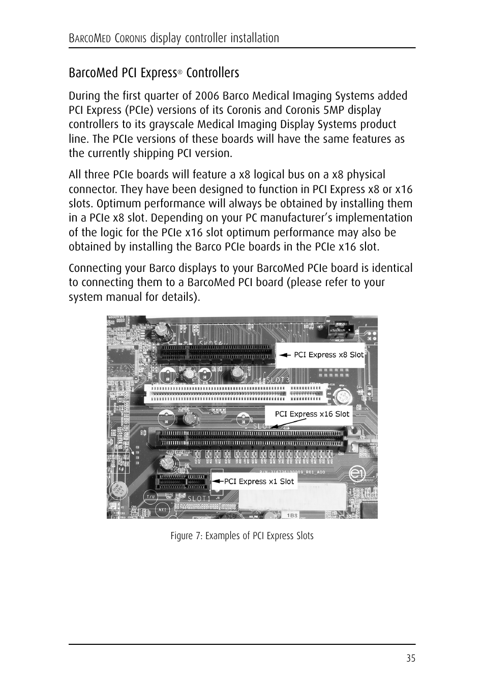 Barcomed pci express® controllers, Barcomed pci express, Controllers | Barco CORONIS MFGD 3621 User Manual | Page 35 / 119