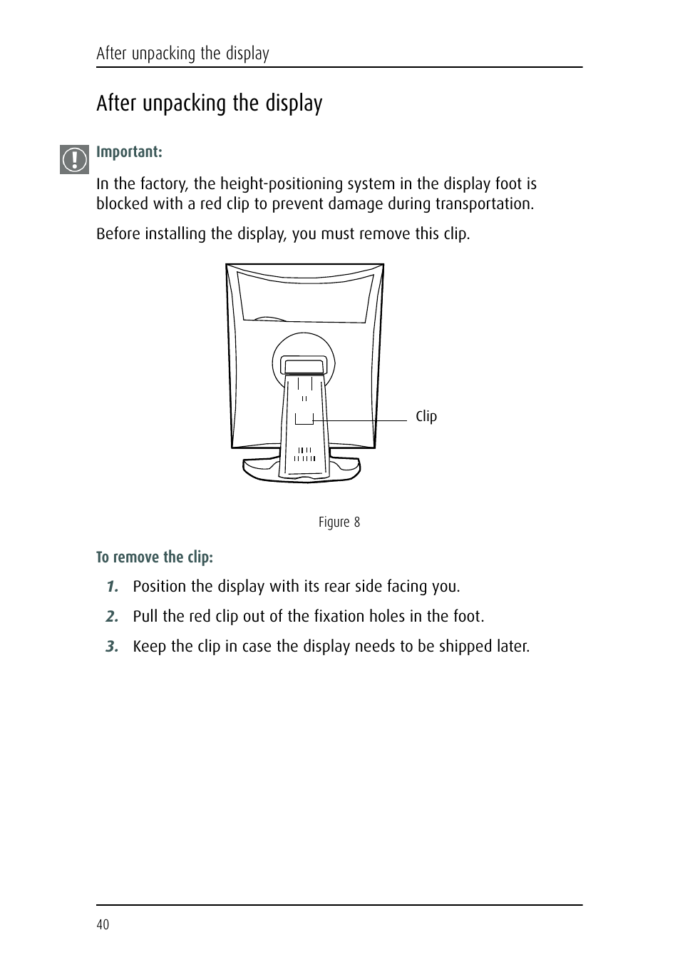 After unpacking the display | Barco CORONIS MFGD 3621 User Manual | Page 40 / 119