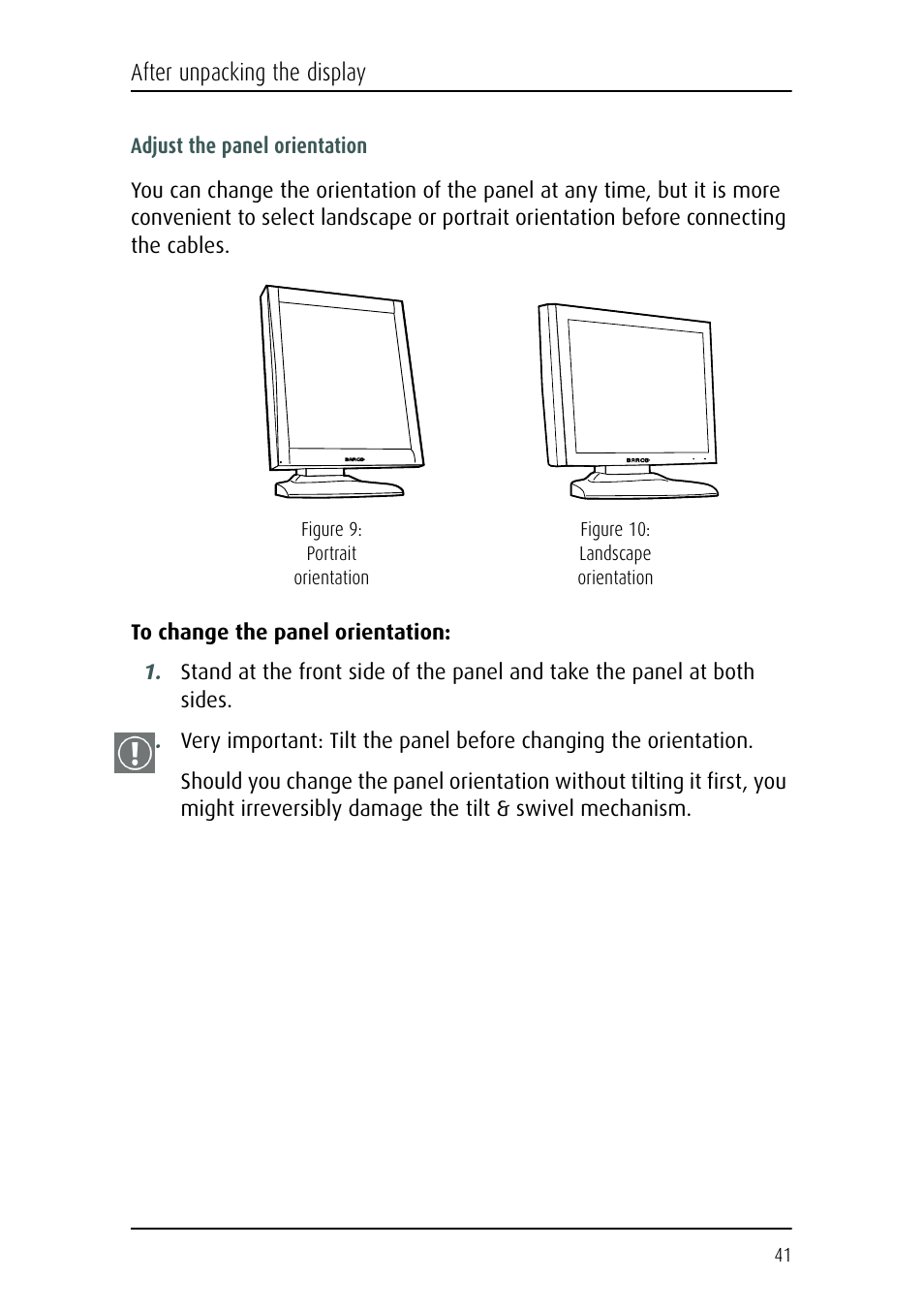 After unpacking the display | Barco CORONIS MFGD 3621 User Manual | Page 41 / 119