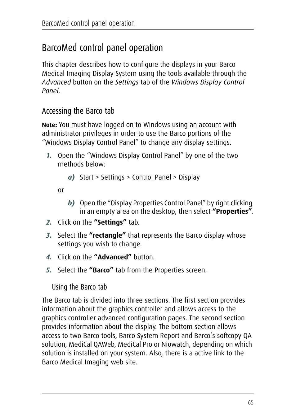 Barcomed control panel operation, Accessing the barco tab | Barco CORONIS MFGD 3621 User Manual | Page 65 / 119