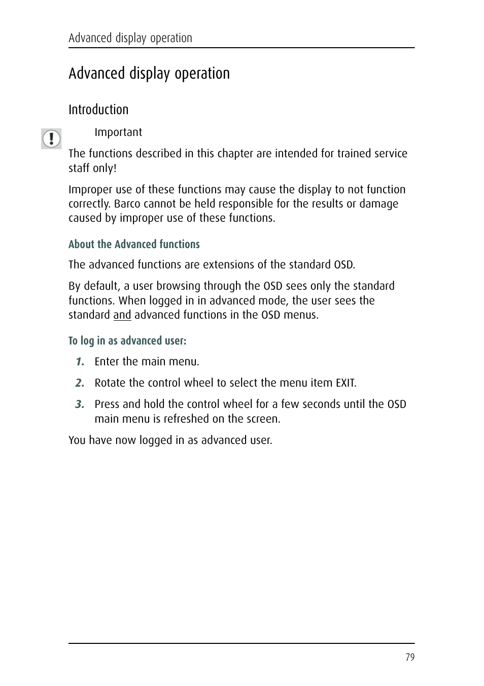 Advanced display operation, Introduction | Barco CORONIS MFGD 3621 User Manual | Page 79 / 119