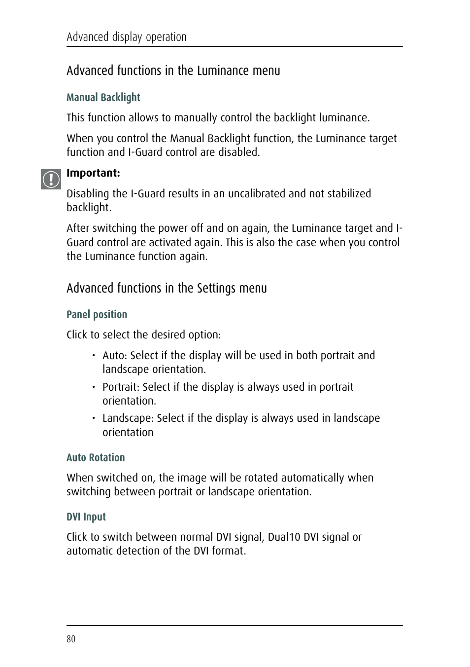 Advanced functions in the luminance menu, Advanced functions in the settings menu | Barco CORONIS MFGD 3621 User Manual | Page 80 / 119