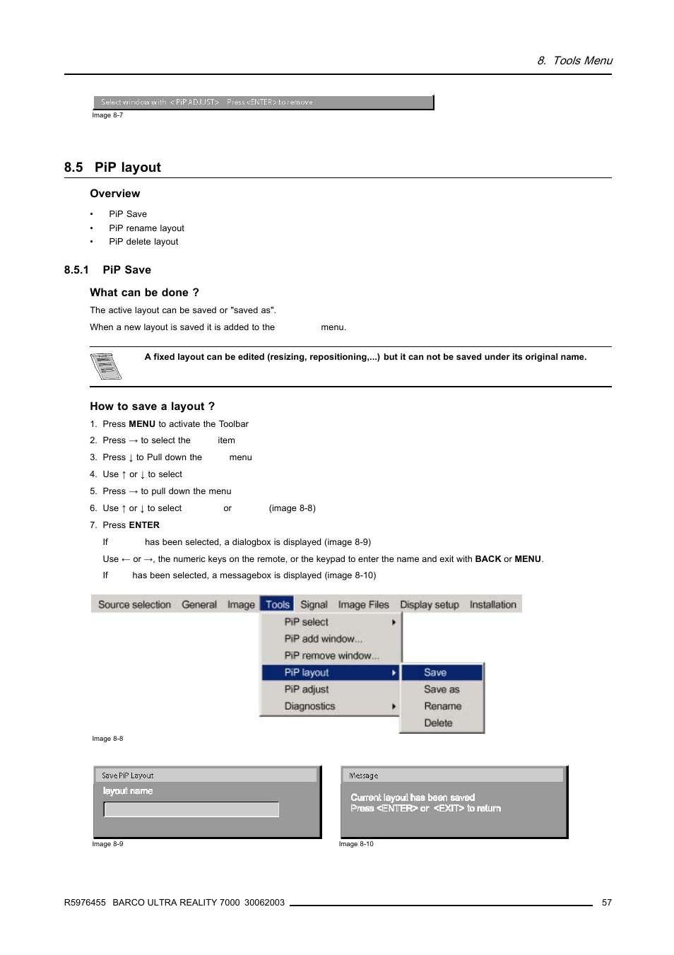5 pip layout, 1 pip save, Pip layout | Image 8-7), Tools menu | Barco ULTRA REALITY 7000 User Manual | Page 61 / 99