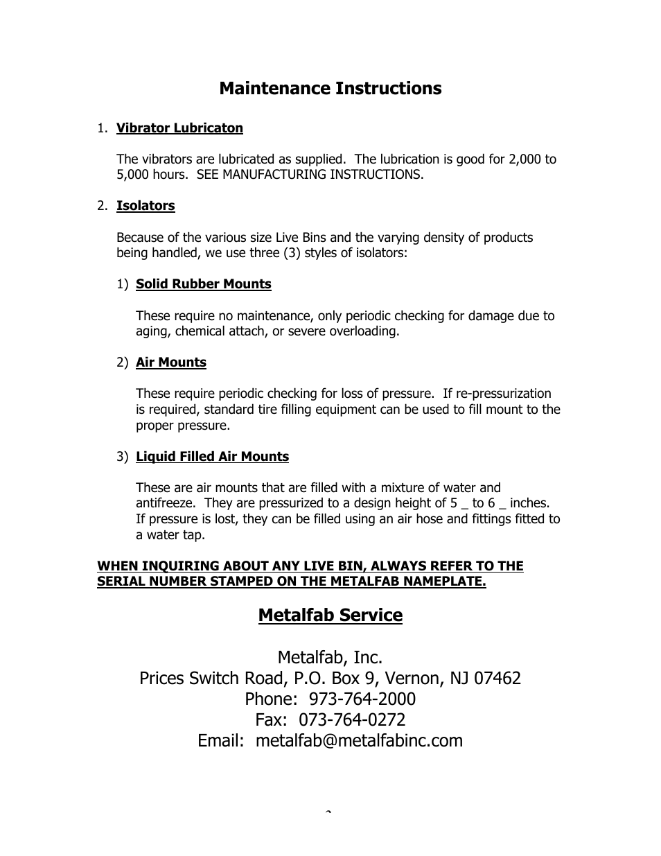 Maintenance instructions | Metalfab Live Bins User Manual | Page 3 / 3