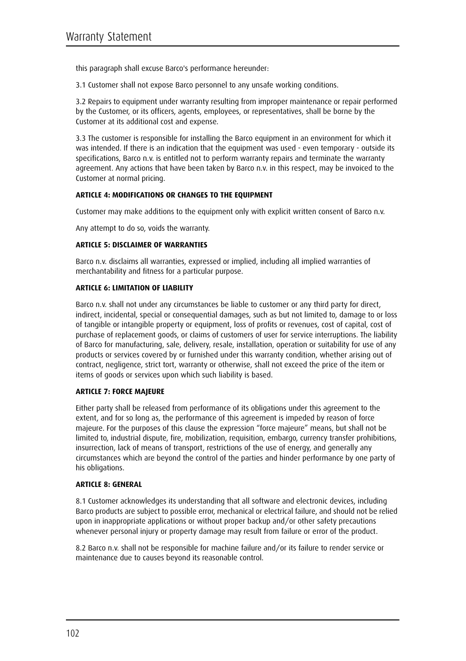 Warranty statement | Barco E-2320 C (SE) User Manual | Page 102 / 104