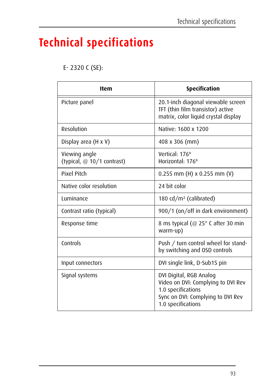 Technical specifications | Barco E-2320 C (SE) User Manual | Page 93 / 104