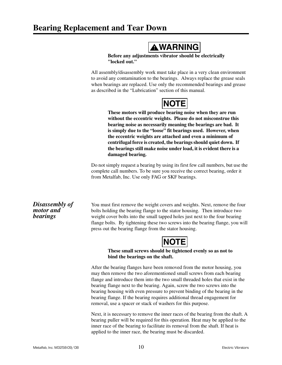 Bearing replacement and tear down warning | Metalfab Industrial Electric Vibrator User Manual | Page 14 / 26