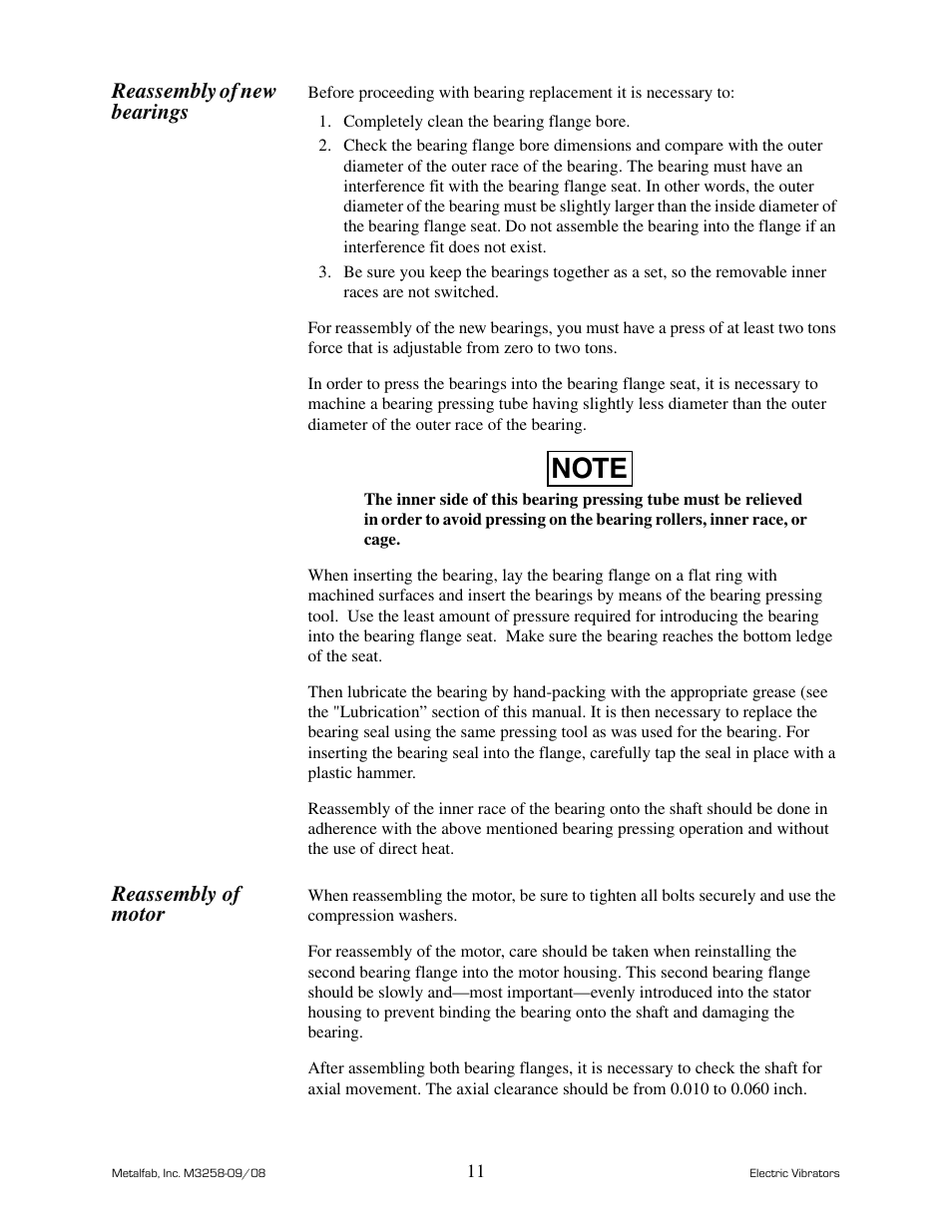 Reassembly of new bearings, Reassembly of motor | Metalfab Industrial Electric Vibrator User Manual | Page 15 / 26