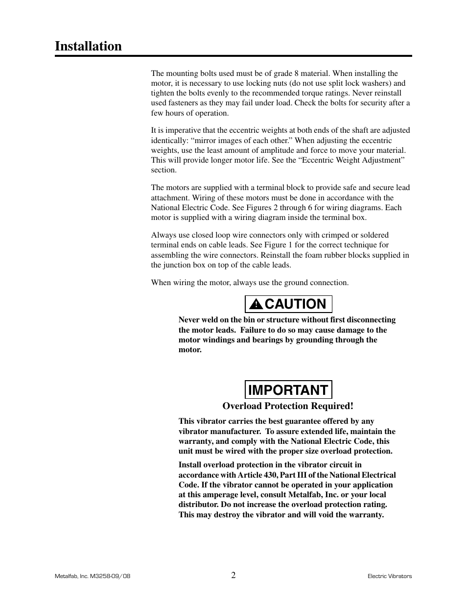 Installation, Caution, Important | Metalfab Industrial Electric Vibrator User Manual | Page 6 / 26