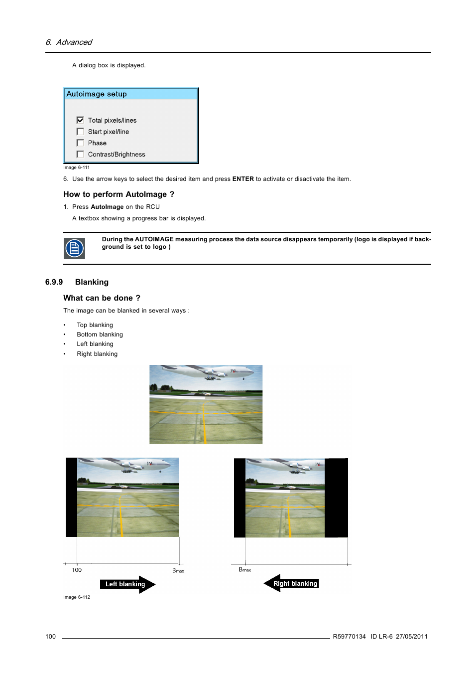 9 blanking, Blanking, Advanced | Barco ID LR-6 R9010342 User Manual | Page 104 / 135