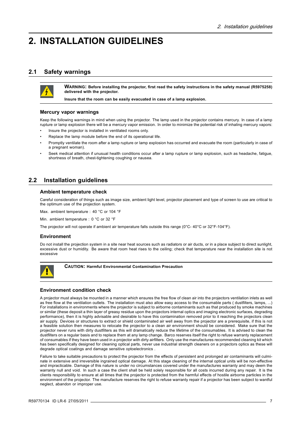 Installation guidelines, 1 safety warnings, 2 installation guidelines | Safety warnings | Barco ID LR-6 R9010342 User Manual | Page 11 / 135