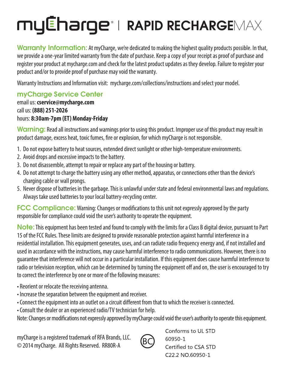 myCharge Rapid Recharge Max RR80R User Manual | Page 2 / 2