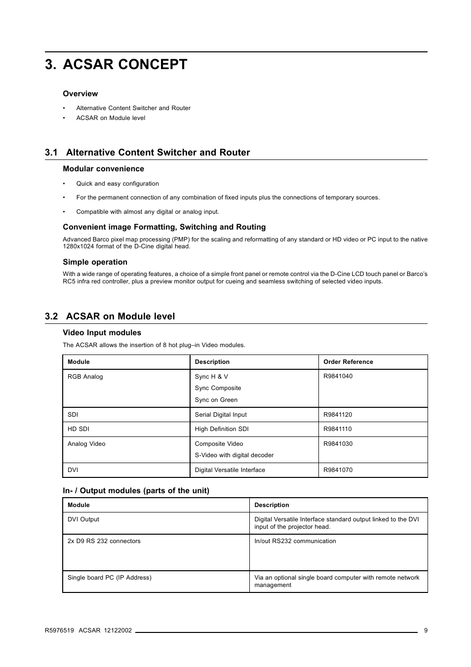 Acsar concept, 1 alternative content switcher and router, 2 acsar on module level | 9 3.2 acsar on module level | Barco R9806700 User Manual | Page 13 / 105