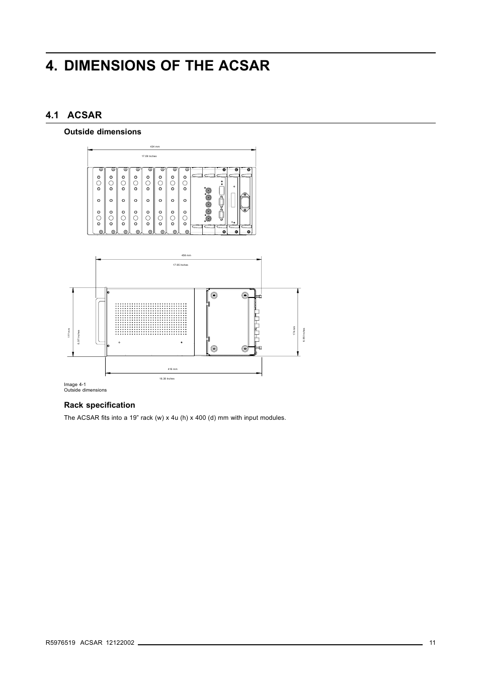 Dimensions of the acsar, 1 acsar, Outside dimensions | Rack specification | Barco R9806700 User Manual | Page 15 / 105