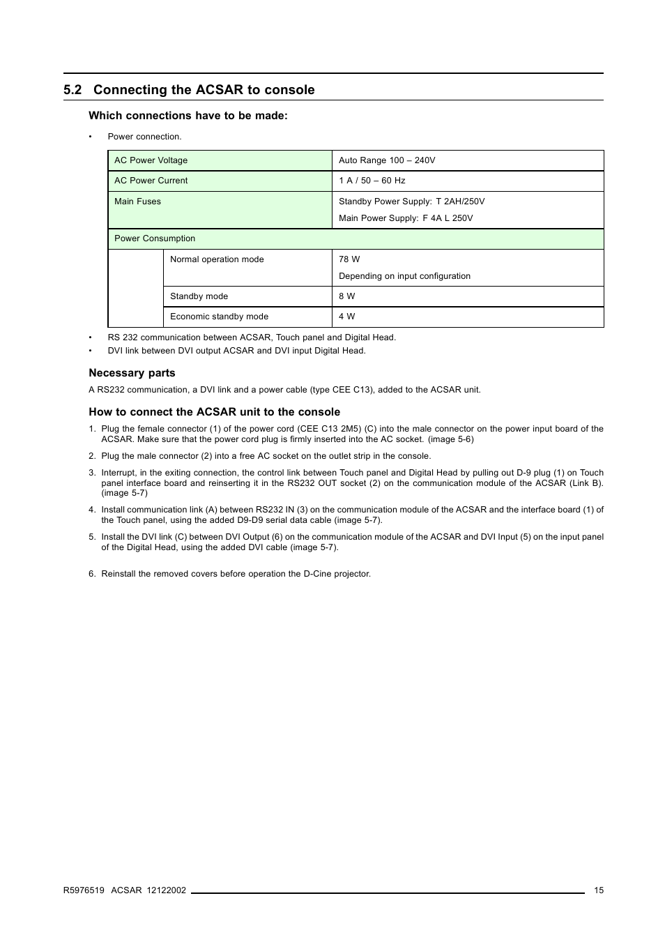 2 connecting the acsar to console | Barco R9806700 User Manual | Page 19 / 105