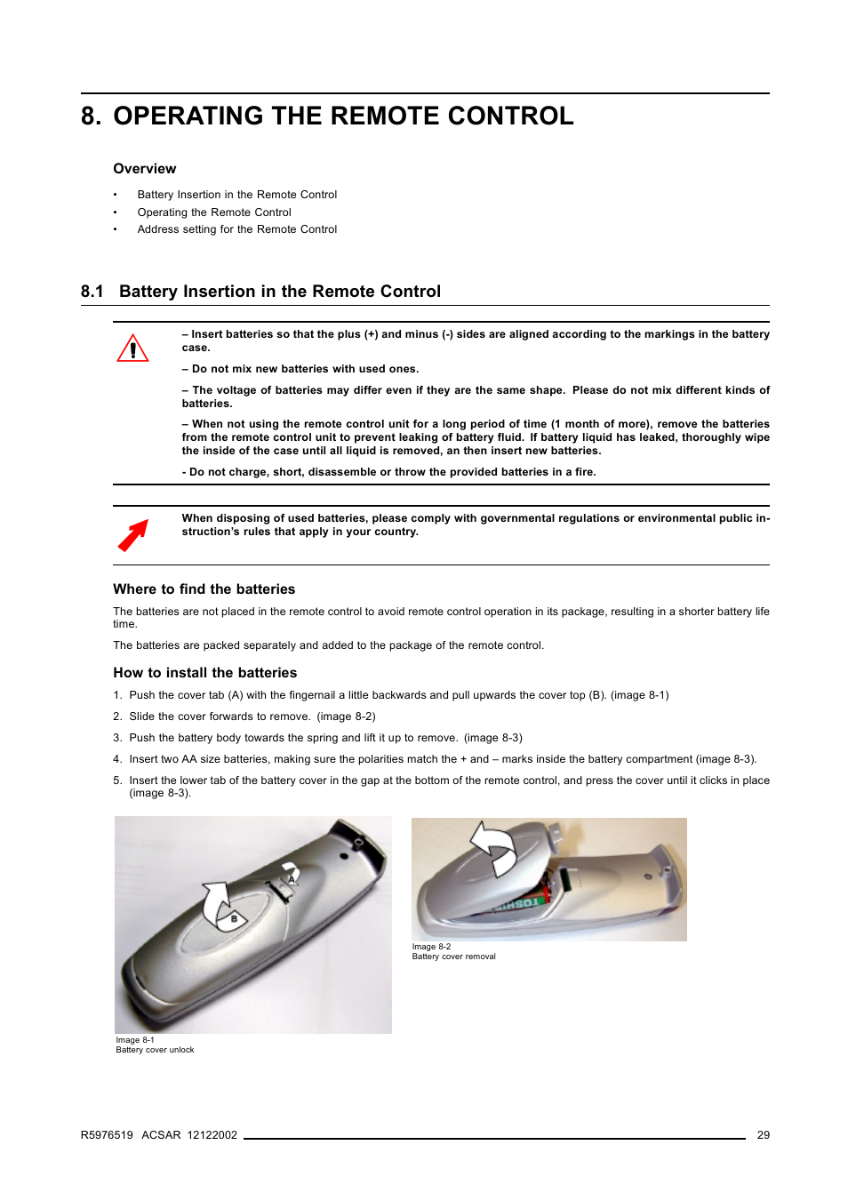 Operating the remote control, 1 battery insertion in the remote control | Barco R9806700 User Manual | Page 33 / 105