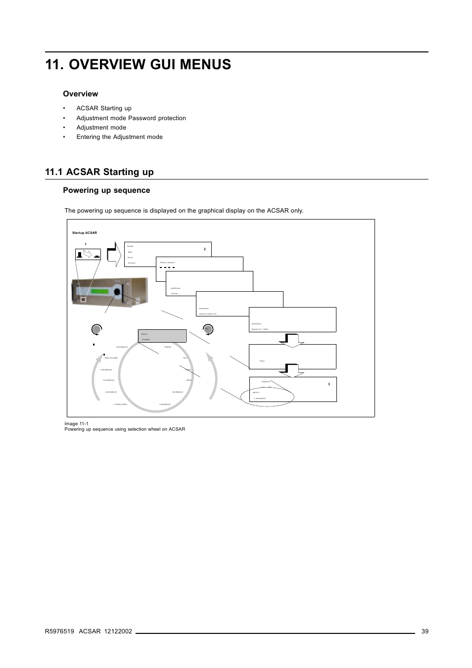 Overview gui menus, 1 acsar starting up, 1acsar starting up | Overview, Powering up sequence | Barco R9806700 User Manual | Page 43 / 105