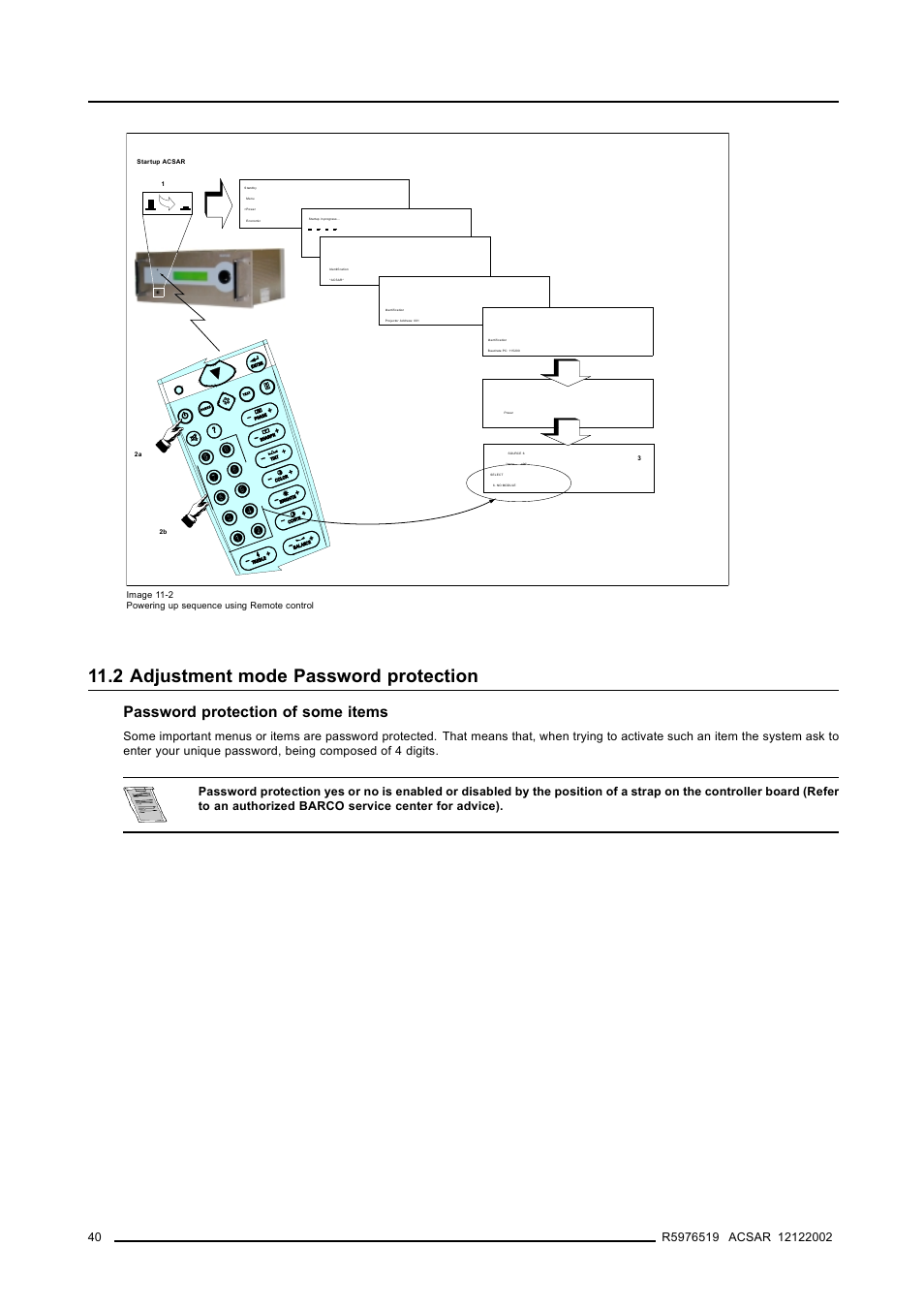 2 adjustment mode password protection, 2adjustment mode password protection, Adjustment mode password protection | Overview gui menus, Password protection of some items | Barco R9806700 User Manual | Page 44 / 105