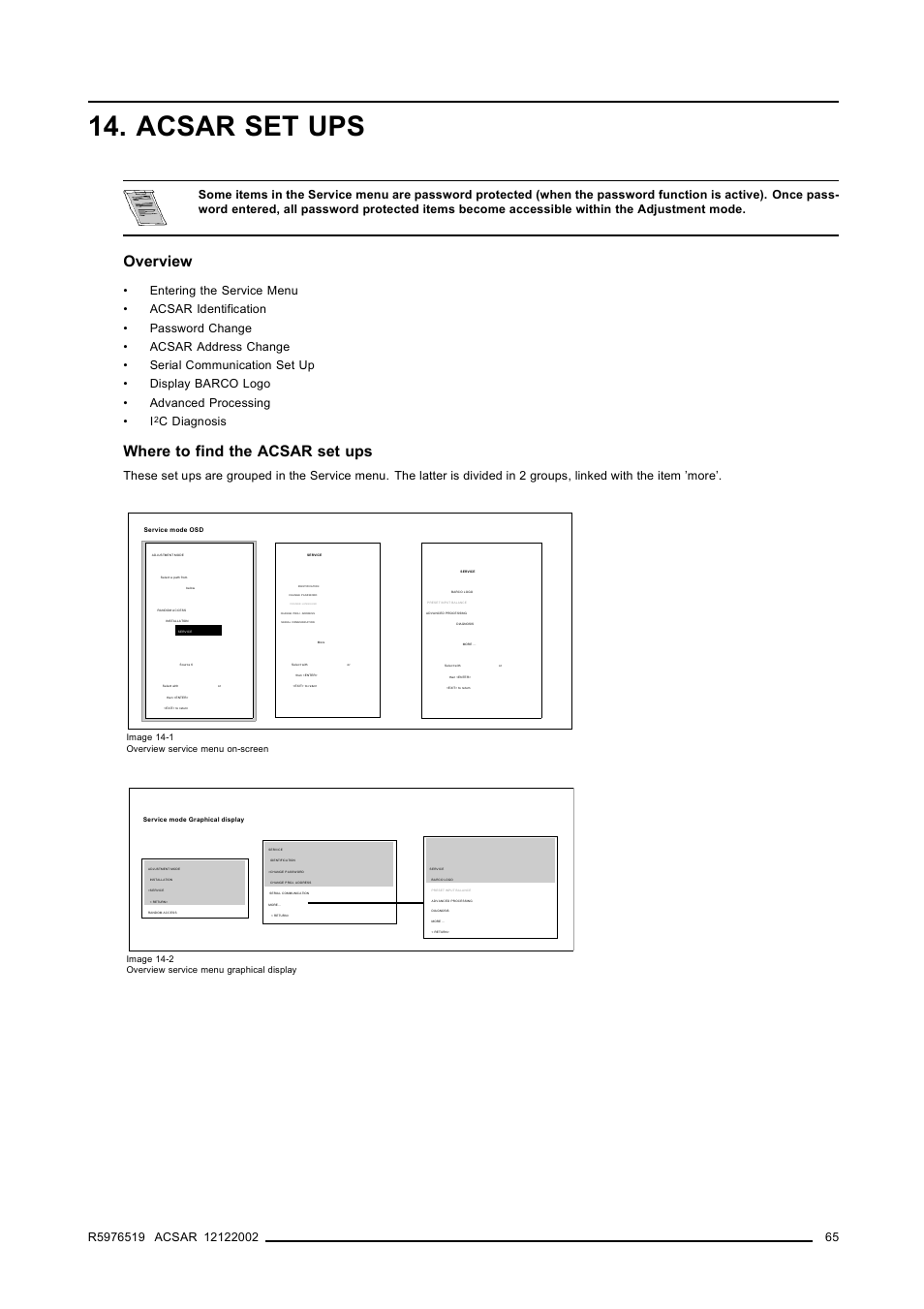 Acsar set ups, Overview, Where to find the acsar set ups | C diagnosis | Barco R9806700 User Manual | Page 69 / 105