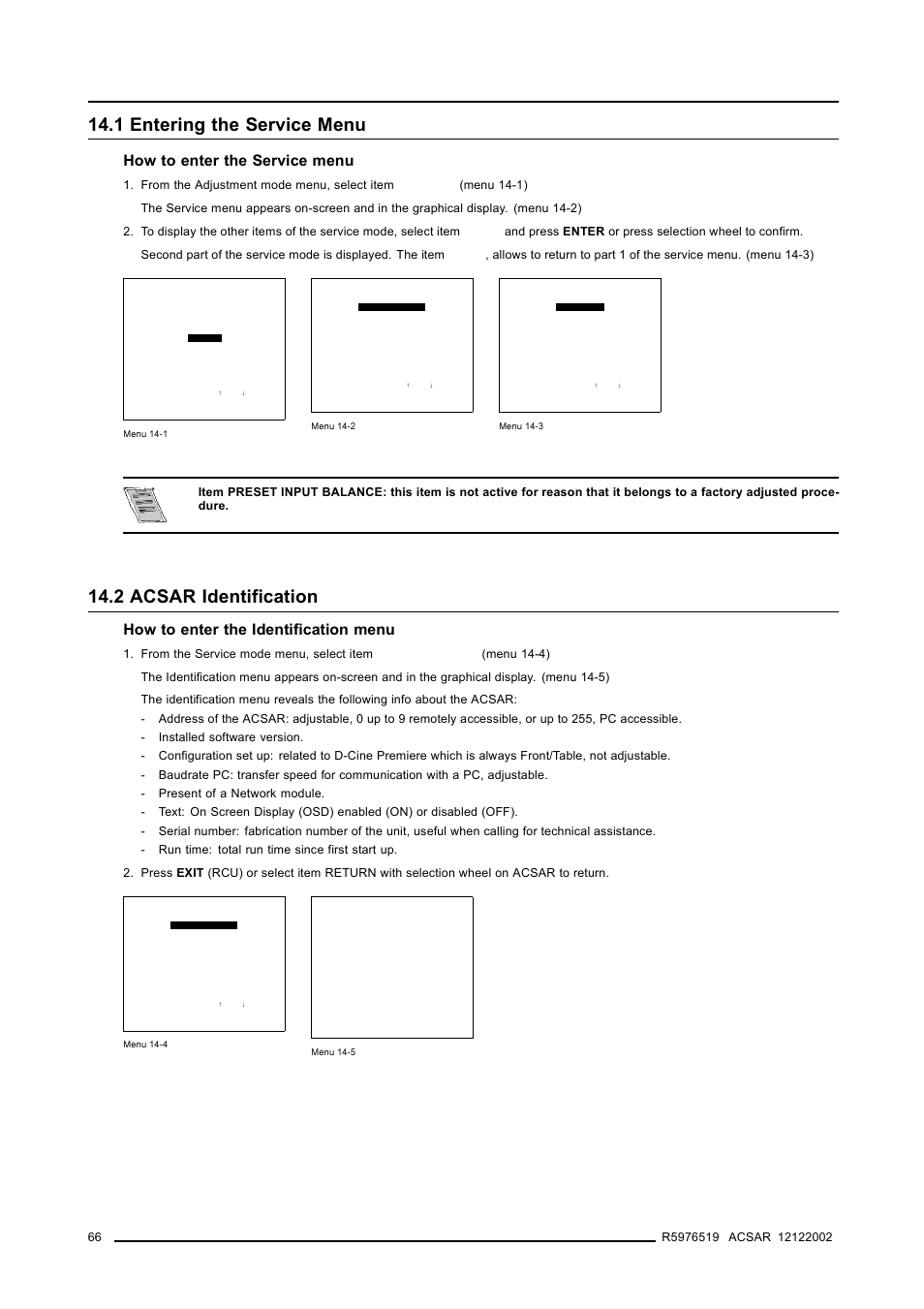 1 entering the service menu, 2 acsar identification, 1entering the service menu | 66 14.2acsar identification, Entering the service menu, Acsar identification, Acsar set ups, How to enter the service menu, How to enter the identification menu | Barco R9806700 User Manual | Page 70 / 105