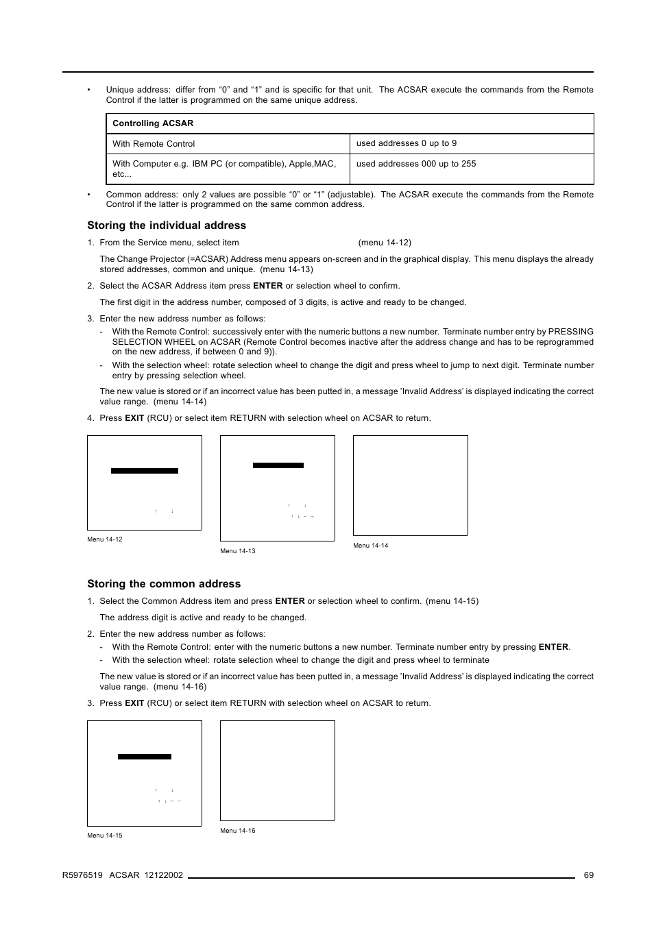 Acsar set ups, Storing the individual address, Storing the common address | Barco R9806700 User Manual | Page 73 / 105