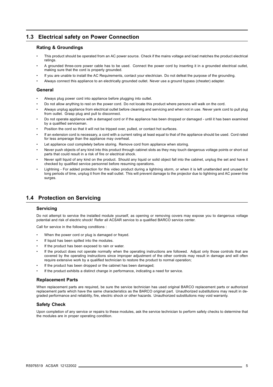 3 electrical safety on power connection, 4 protection on servicing, 5 1.4 protection on servicing | Electrical safety on power connection, Protection on servicing | Barco R9806700 User Manual | Page 9 / 105