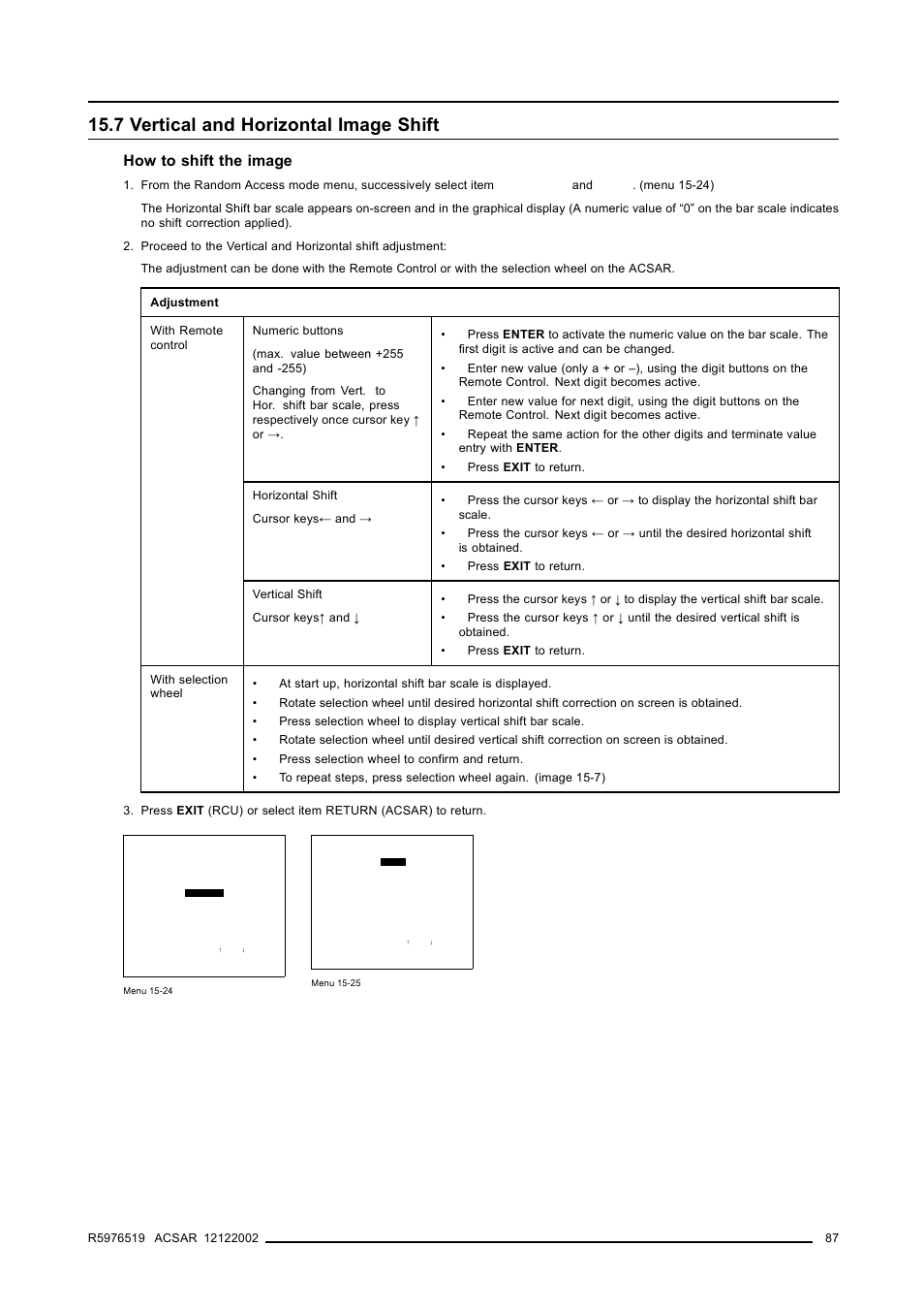 7 vertical and horizontal image shift, 7vertical and horizontal image shift, Vertical and horizontal image shift | Image alignment, How to shift the image | Barco R9806700 User Manual | Page 91 / 105