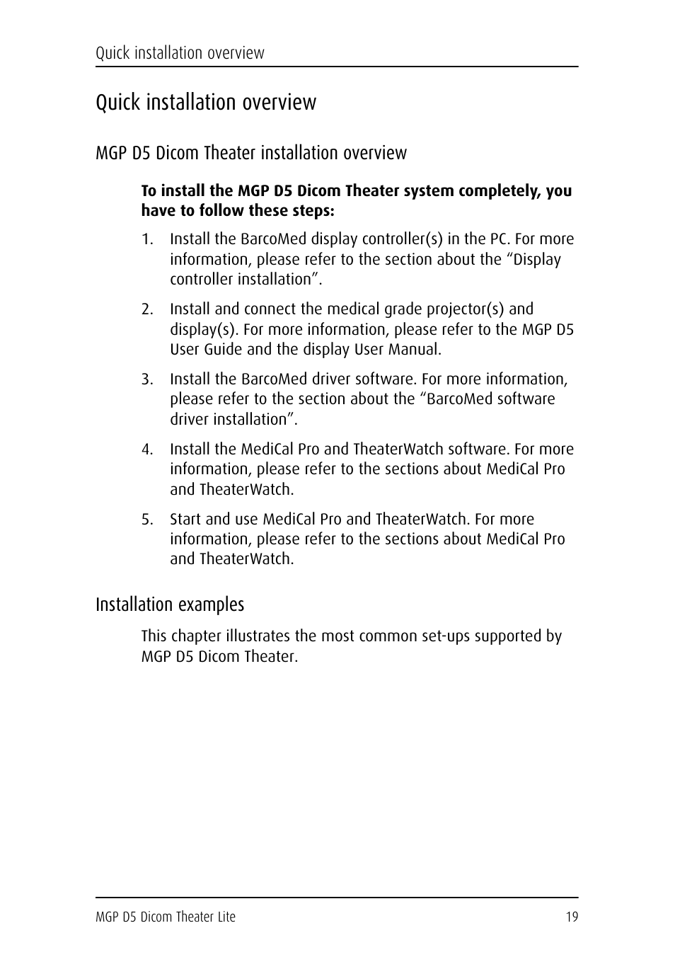 Quick installation overview, Mgp d5 dicom theater installation overview, Installation examples | Barco DICOM THEATER LITE MGP D5 User Manual | Page 18 / 116