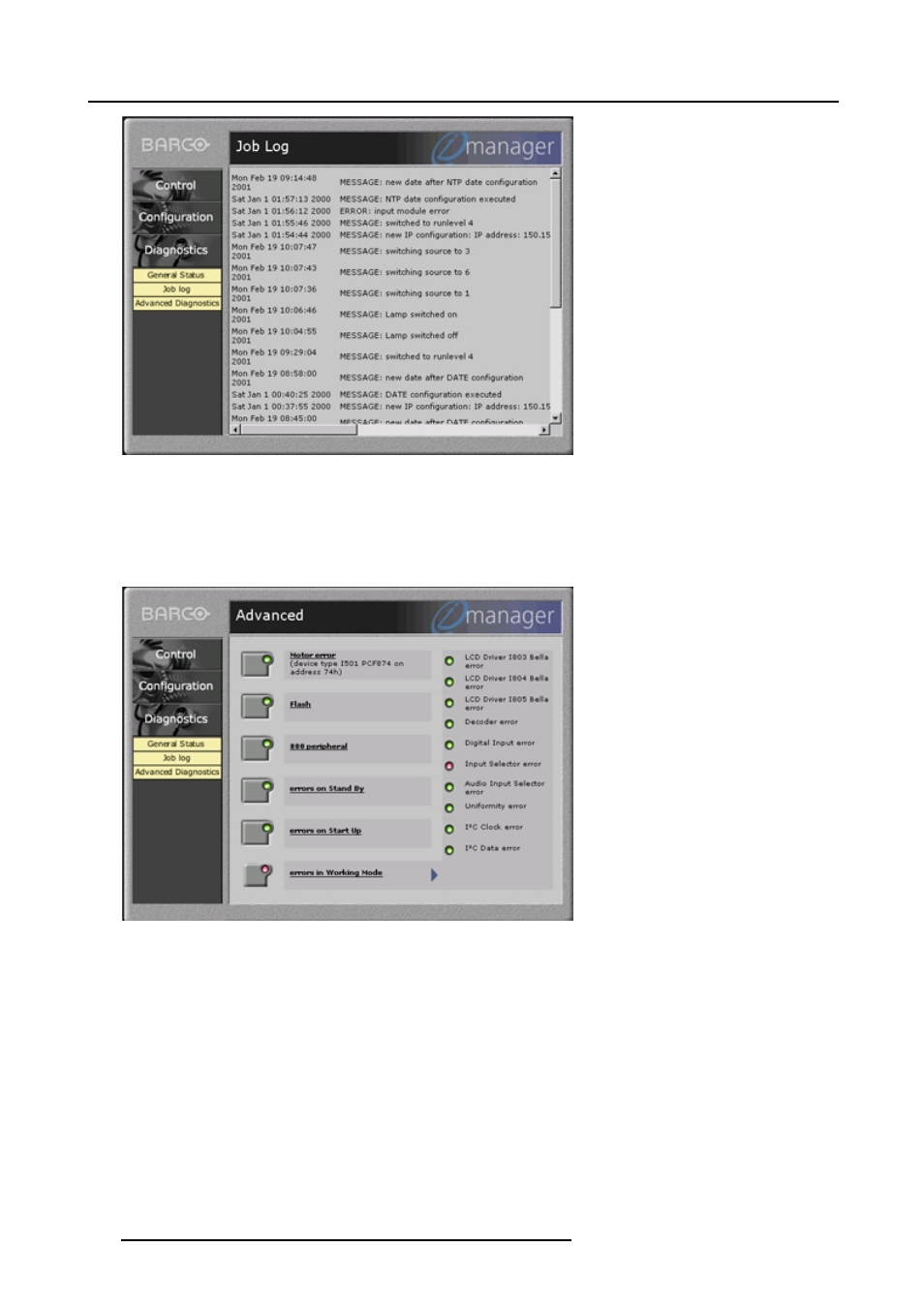 B.6.4 advanced diagnostics, Advanced diagnostics | Barco R9001960 User Manual | Page 114 / 127