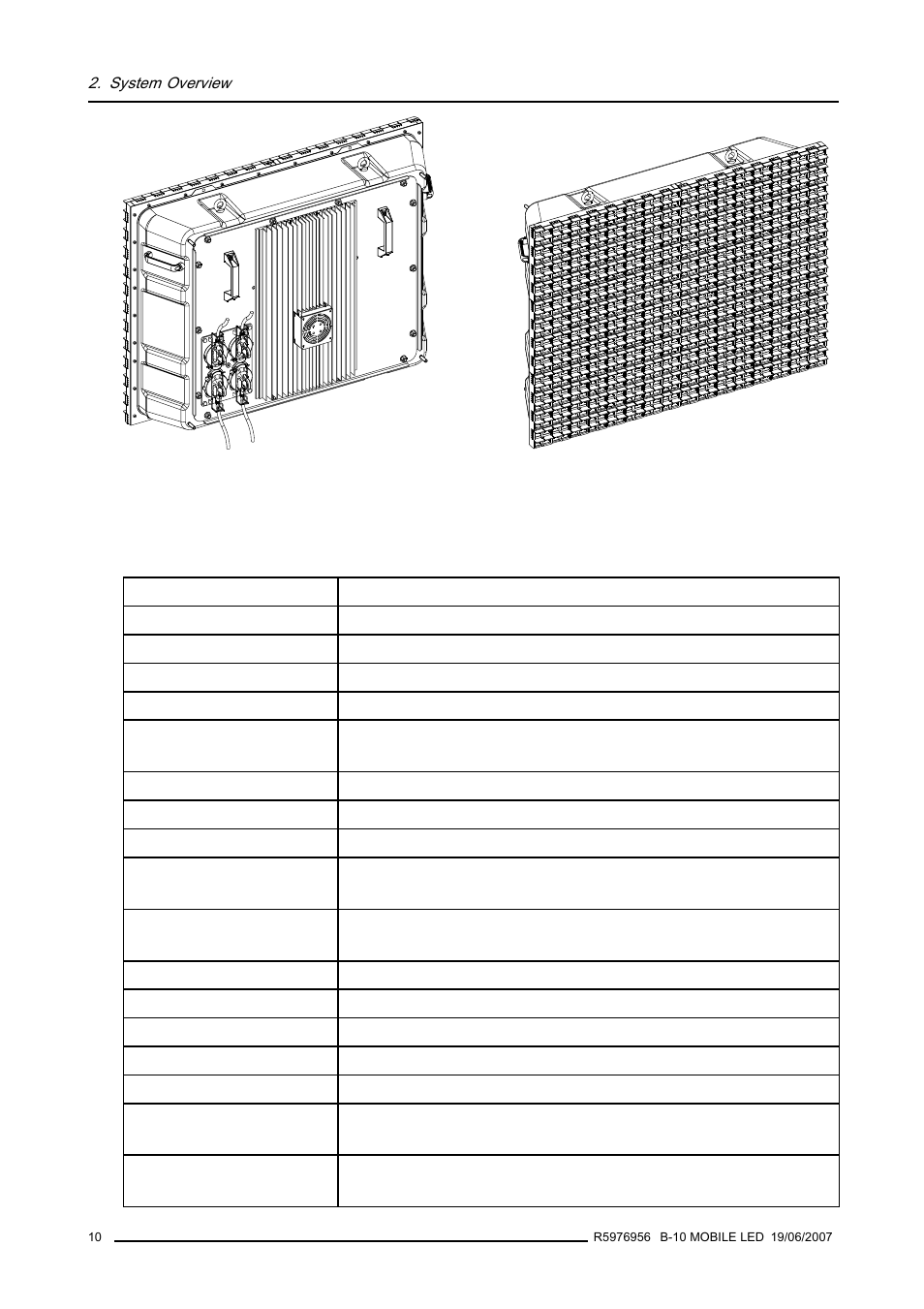 2 slite 10 xp specifications, Slite 10 xp specifications, System overview | Barco R9855510 User Manual | Page 14 / 47