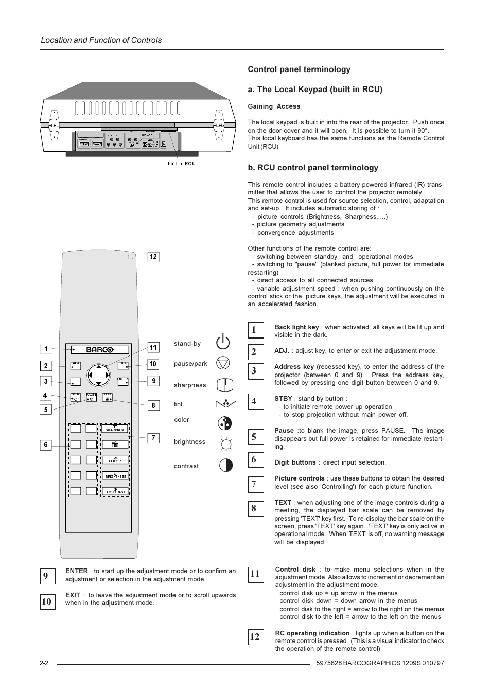 Location and function of controls, B. rcu control panel terminology | Barco R9002240 User Manual | Page 10 / 59