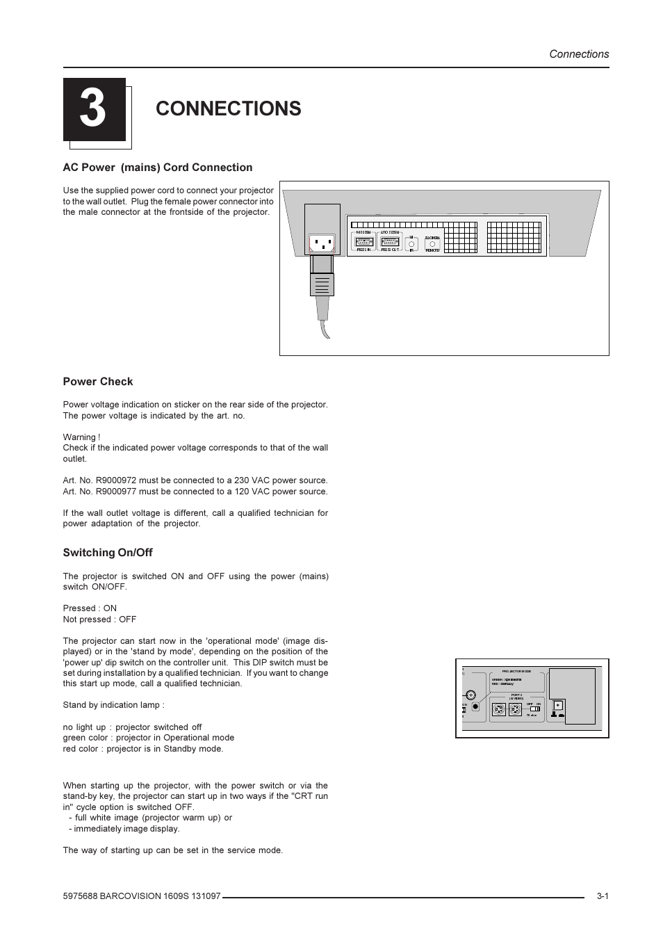 Connections, Ac power (mains) cord connection, Power check | Switching on/off | Barco R9002240 User Manual | Page 11 / 59