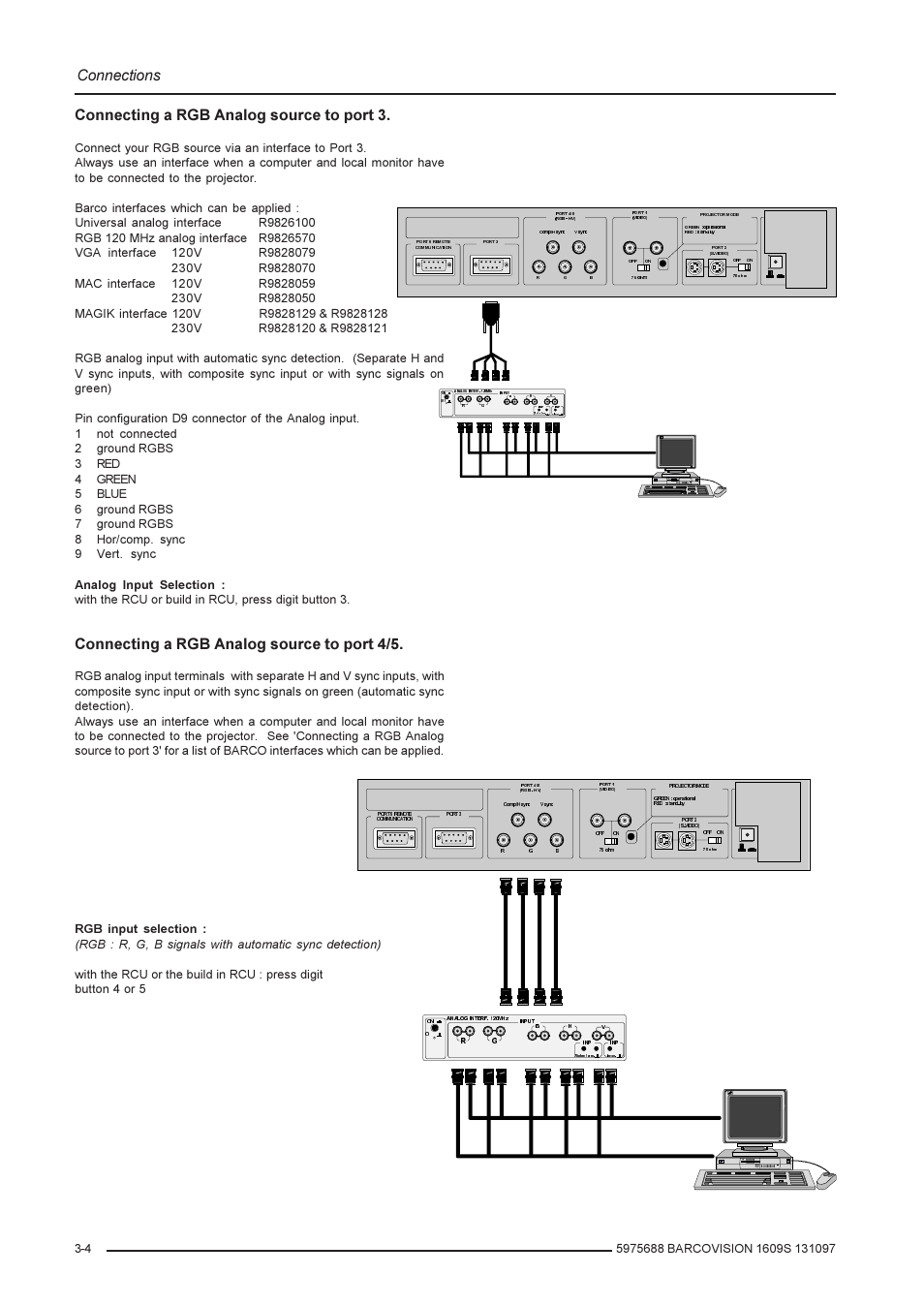 Connections, Connecting a rgb analog source to port 3, Connecting a rgb analog source to port 4/5 | Barco R9002240 User Manual | Page 14 / 59