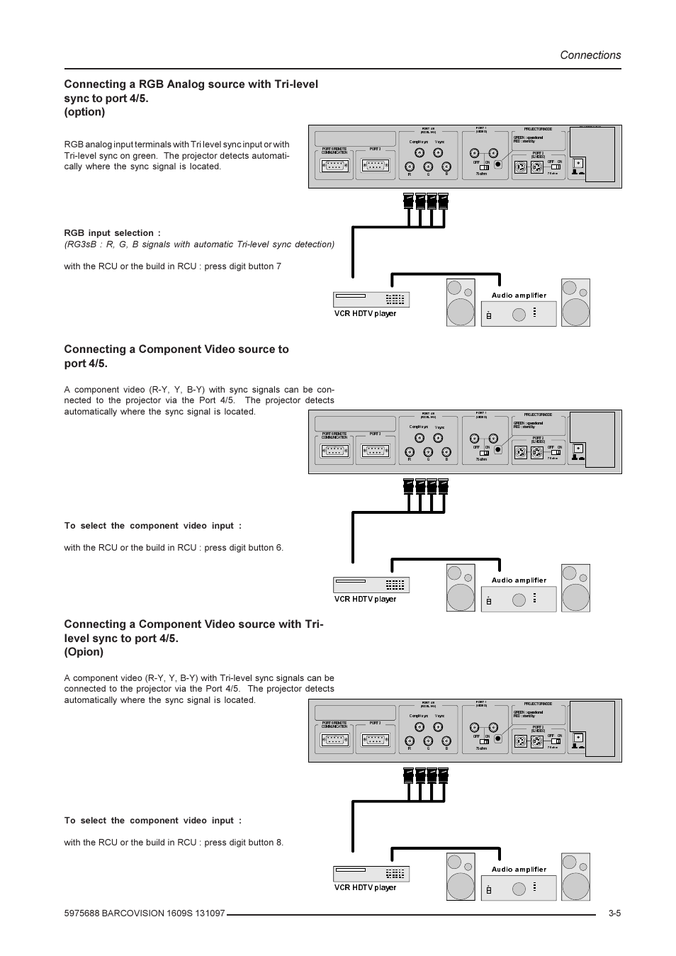 Connections, Connecting a component video source to port 4/5 | Barco R9002240 User Manual | Page 15 / 59