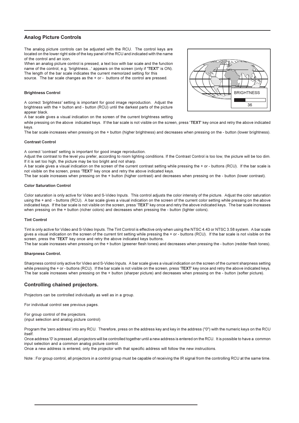 Controlling, Analog picture controls, Controlling chained projectors | Barco R9002240 User Manual | Page 20 / 59
