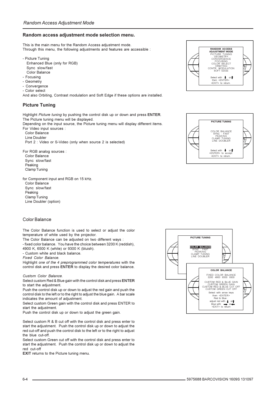 Random access adjustment mode, Random access adjustment mode selection menu, Picture tuning | Color balance | Barco R9002240 User Manual | Page 26 / 59