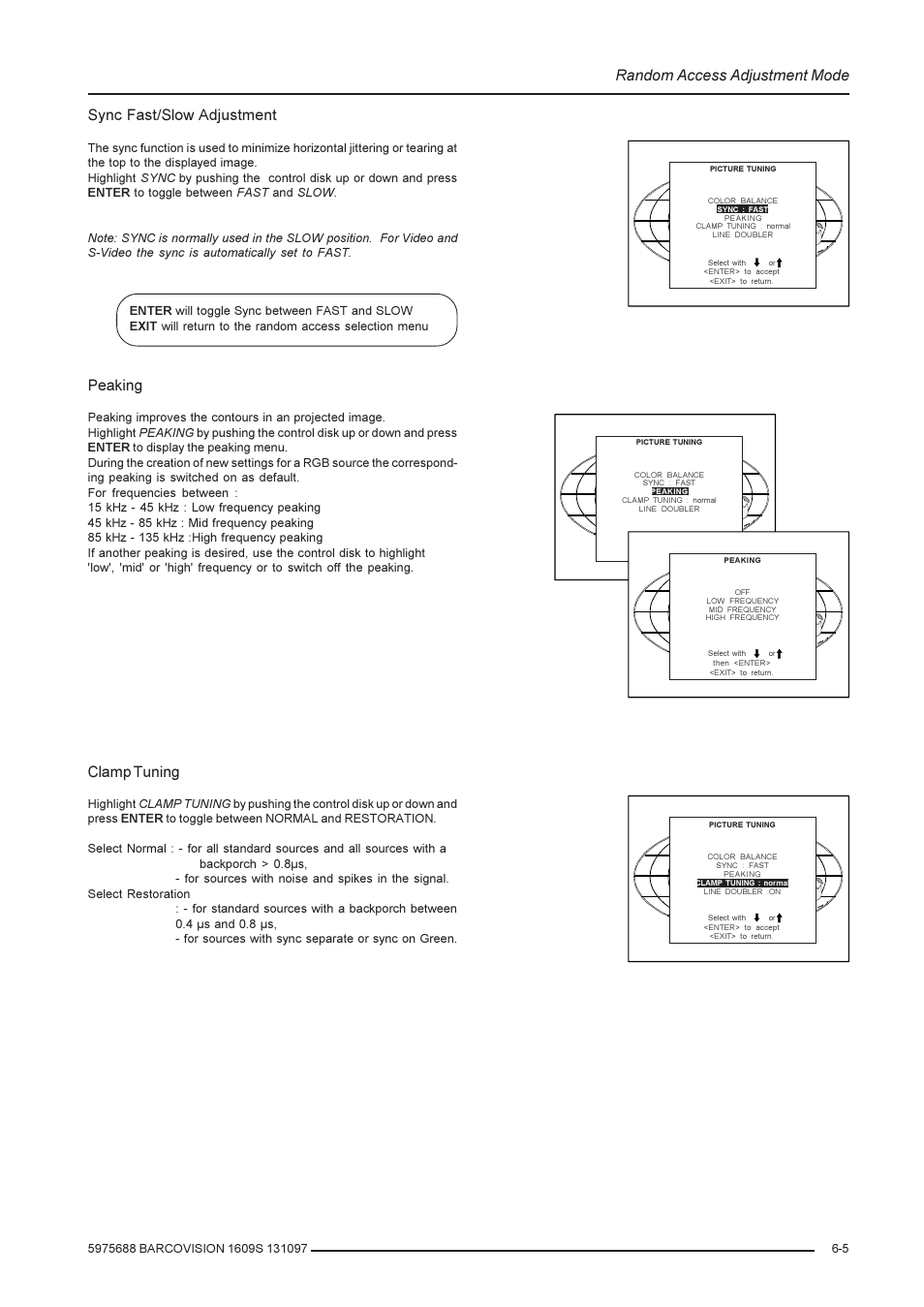 Random access adjustment mode, Clamp tuning, Sync fast/slow adjustment | Peaking | Barco R9002240 User Manual | Page 27 / 59