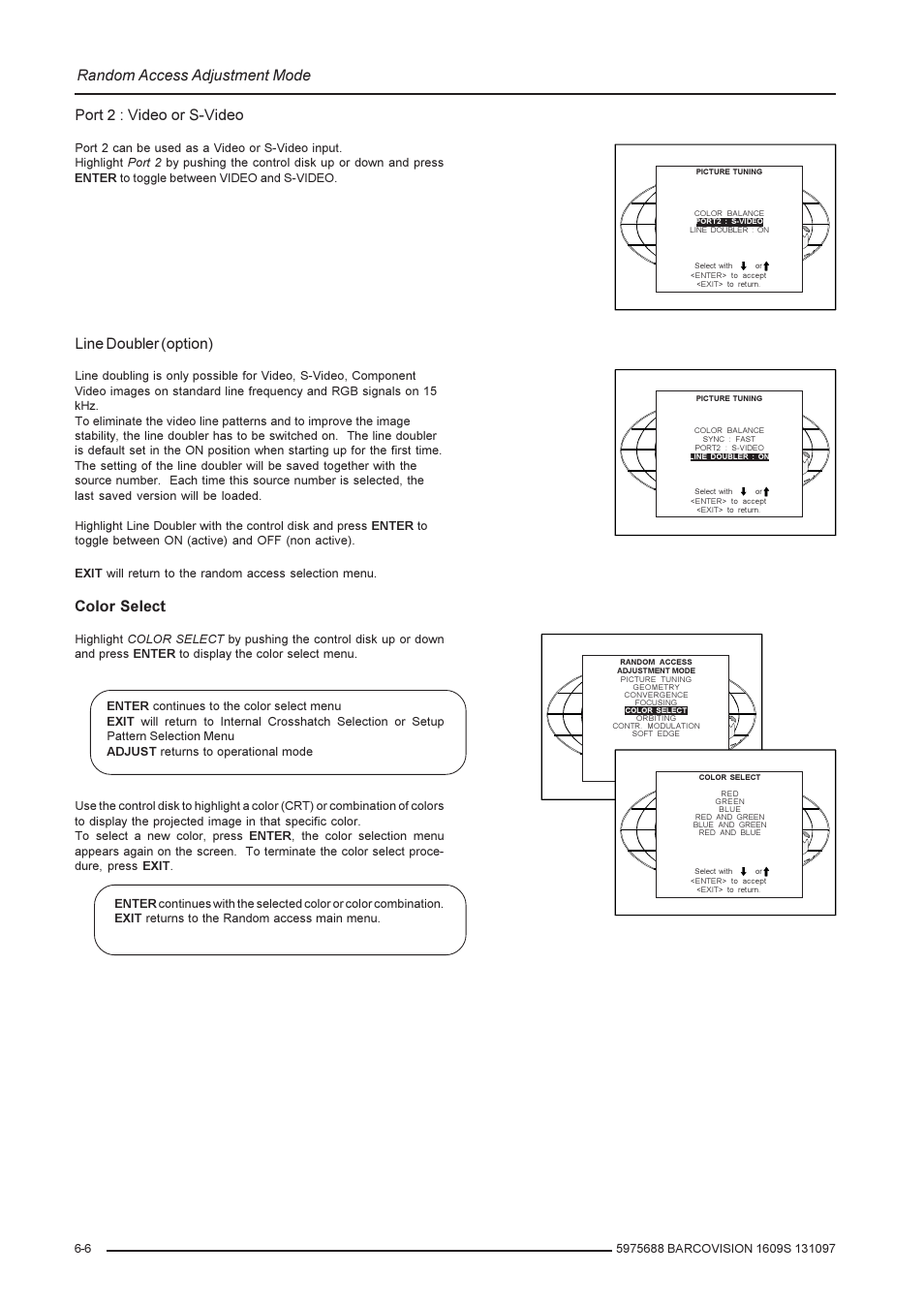Random access adjustment mode, Port 2 : video or s-video, Line doubler (option) | Color select | Barco R9002240 User Manual | Page 28 / 59