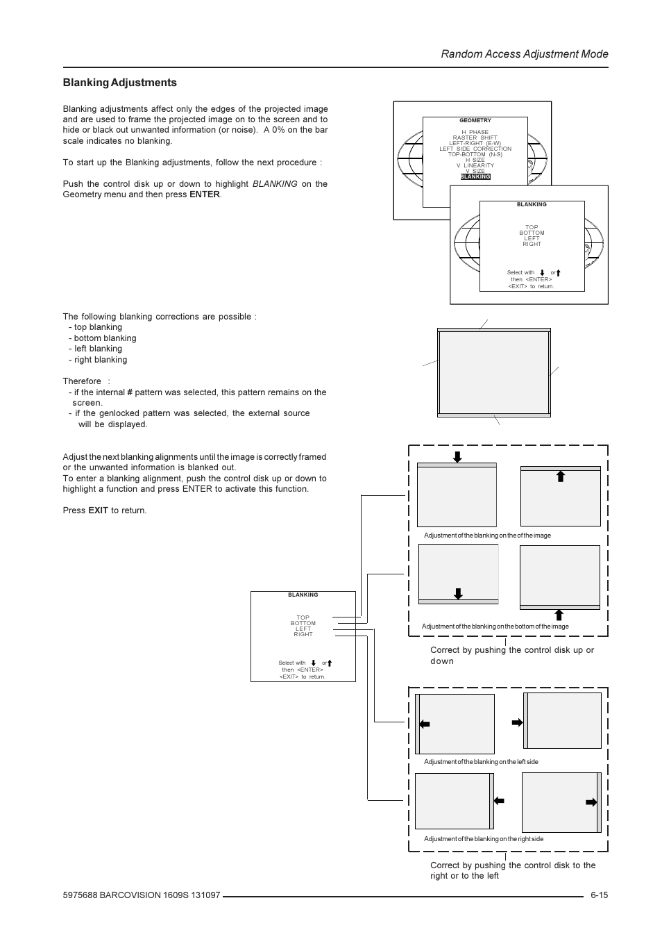 Random access adjustment mode, Blanking adjustments | Barco R9002240 User Manual | Page 37 / 59