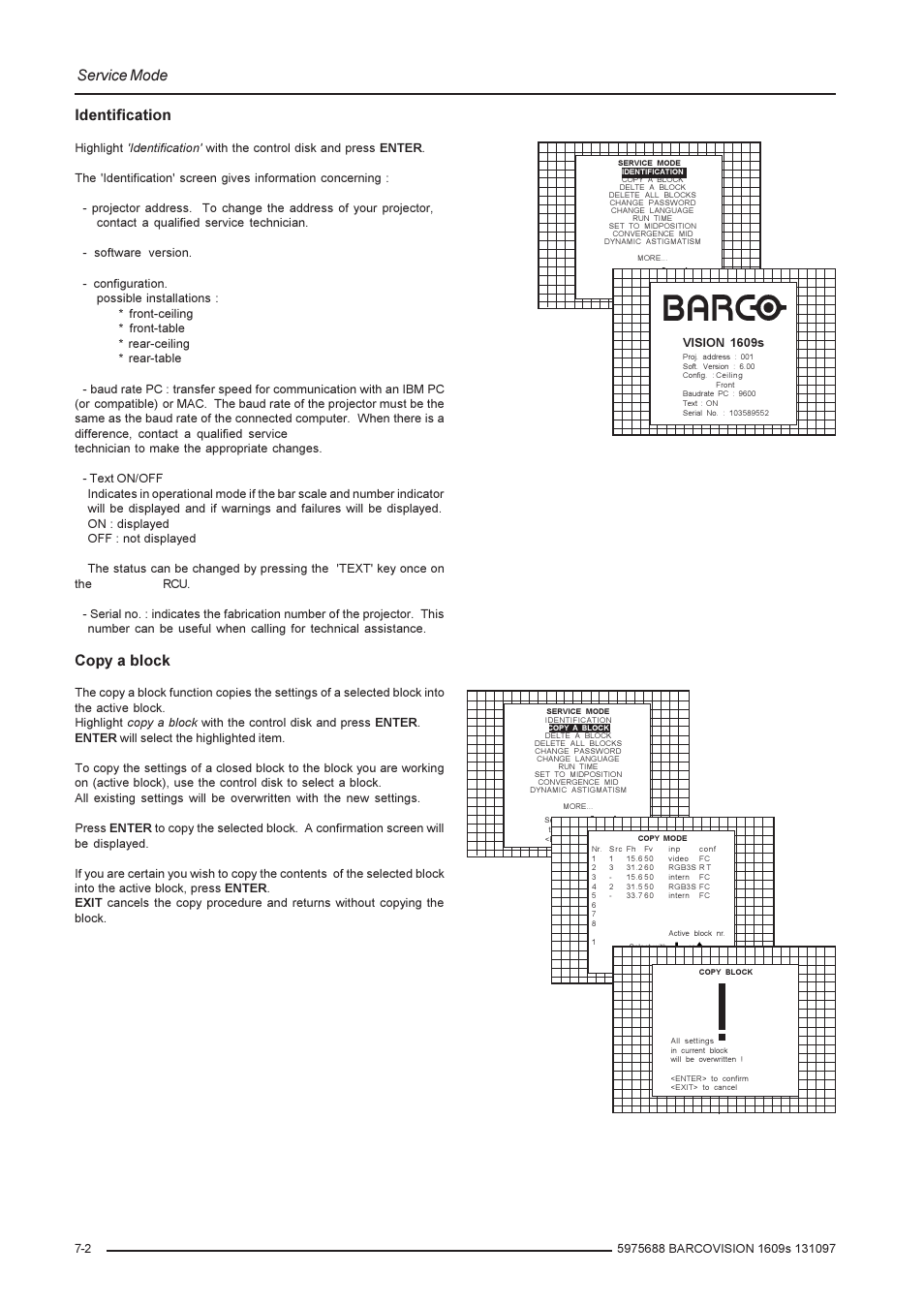 Service mode, Identification, Copy a block | Barco R9002240 User Manual | Page 42 / 59