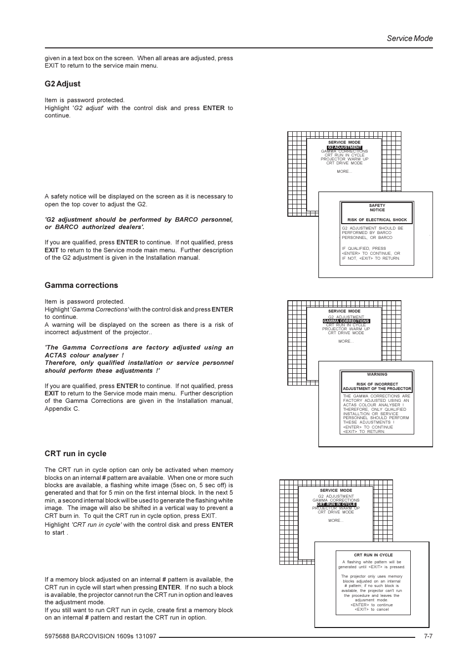 Service mode, G2 adjust, Gamma corrections | Crt run in cycle | Barco R9002240 User Manual | Page 47 / 59