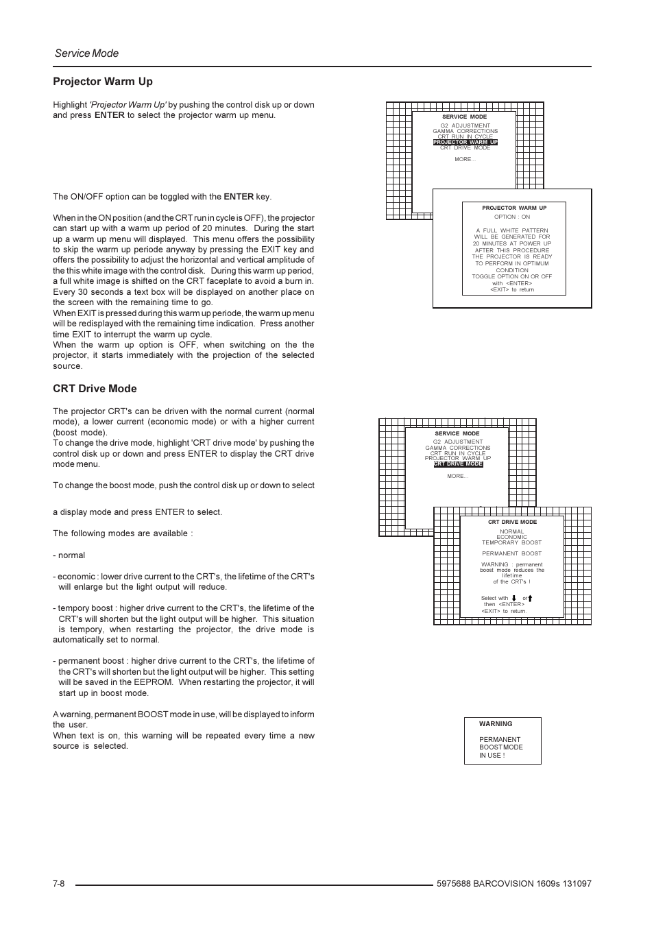 Service mode, Projector warm up, Crt drive mode | Barco R9002240 User Manual | Page 48 / 59