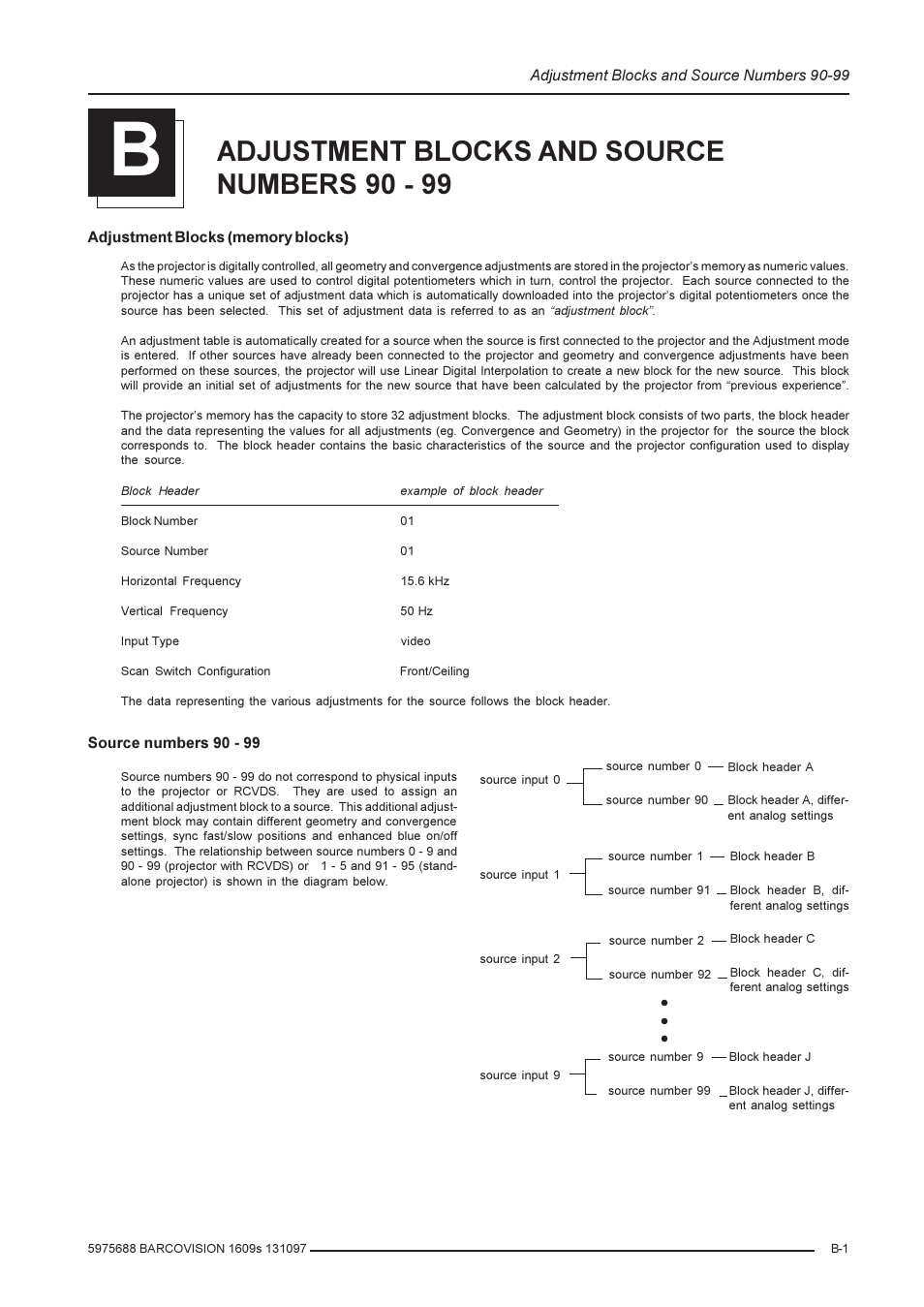 Adjustment blocks and source numbers 90 - 99 | Barco R9002240 User Manual | Page 57 / 59