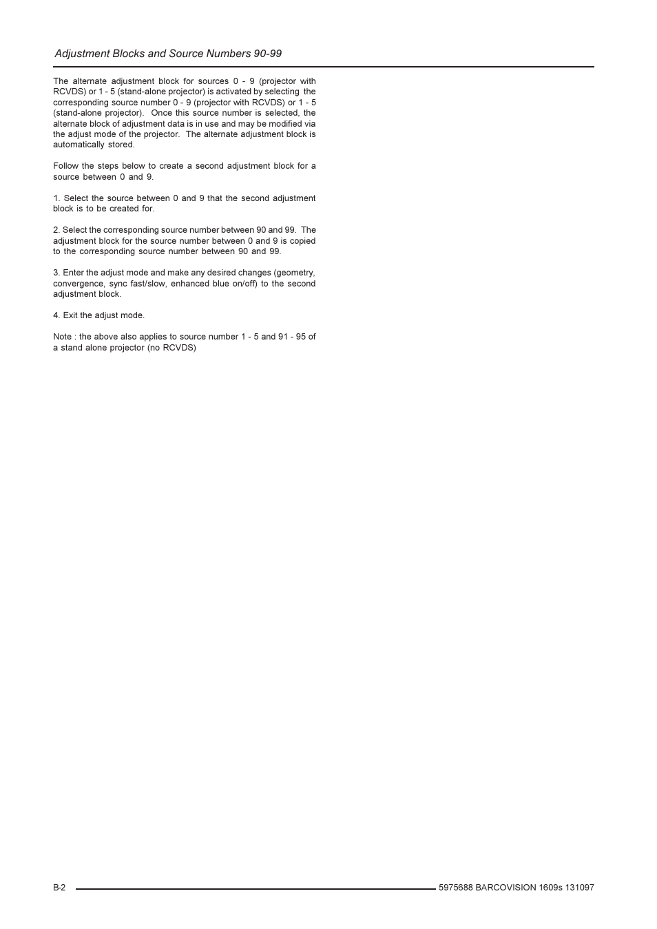Adjustment blocks and source numbers 90-99 | Barco R9002240 User Manual | Page 58 / 59