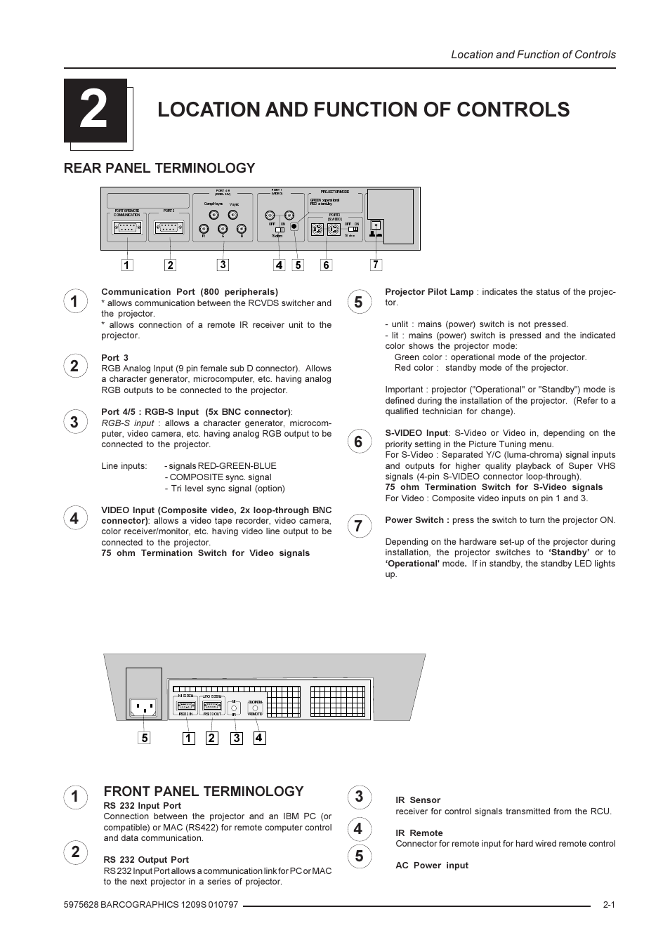 Rear panel terminology, Front panel terminology, Location and function of controls | Barco R9002240 User Manual | Page 9 / 59