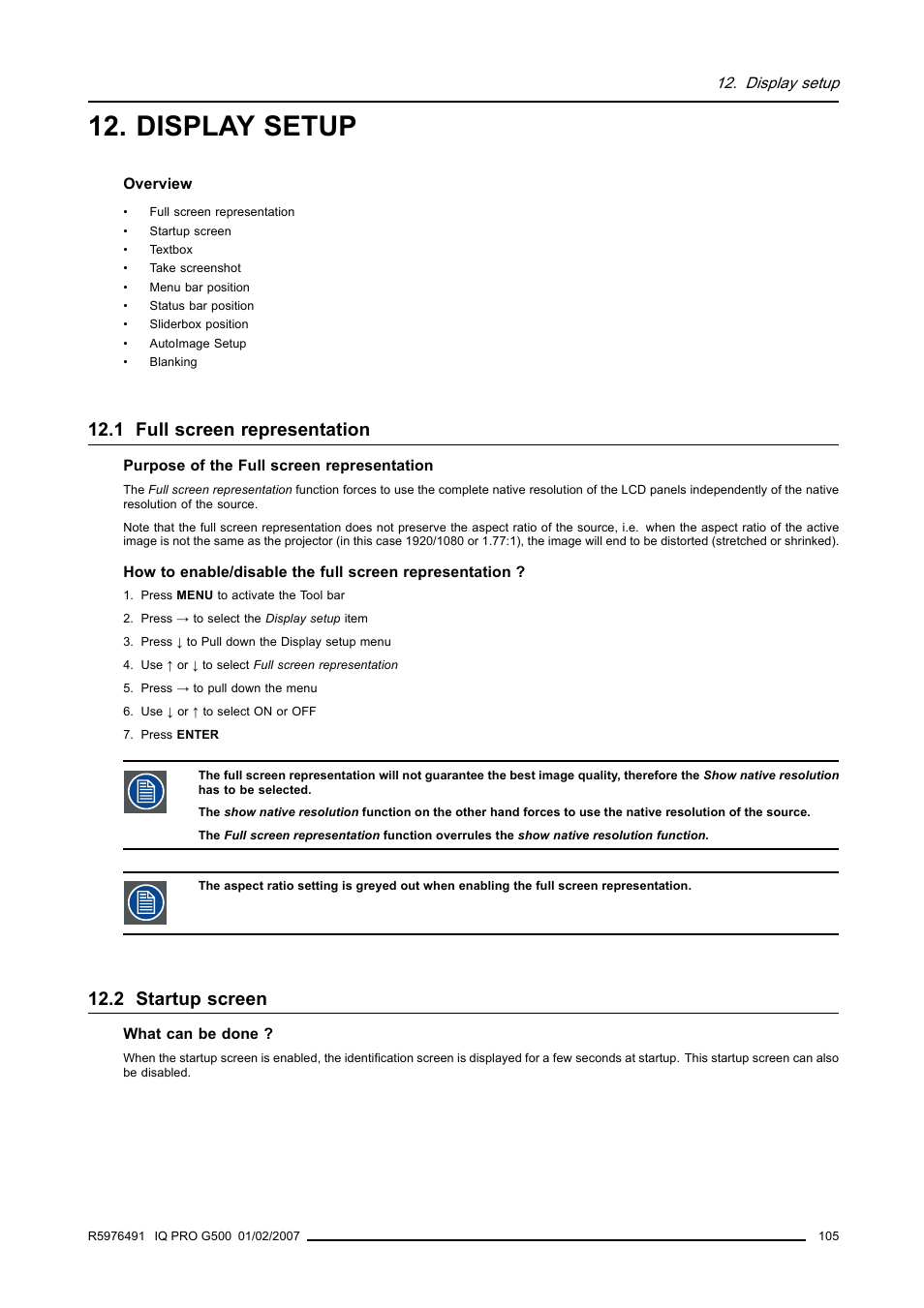 Display setup, 1 full screen representation, 2 startup screen | 105 12.2 startup screen | Barco iQ Pro G500 User Manual | Page 111 / 195