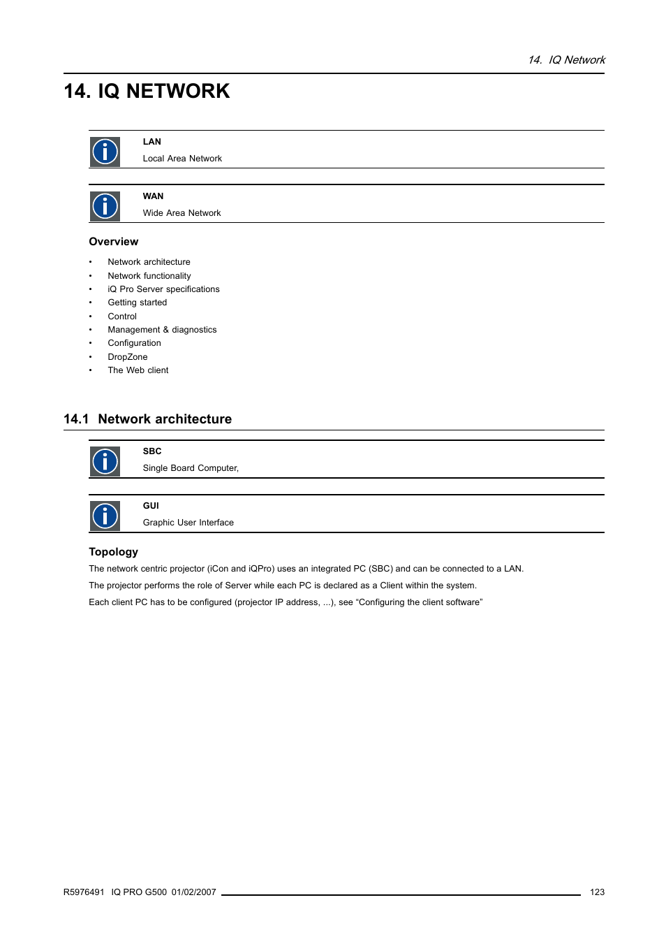 Iq network, 1 network architecture | Barco iQ Pro G500 User Manual | Page 129 / 195