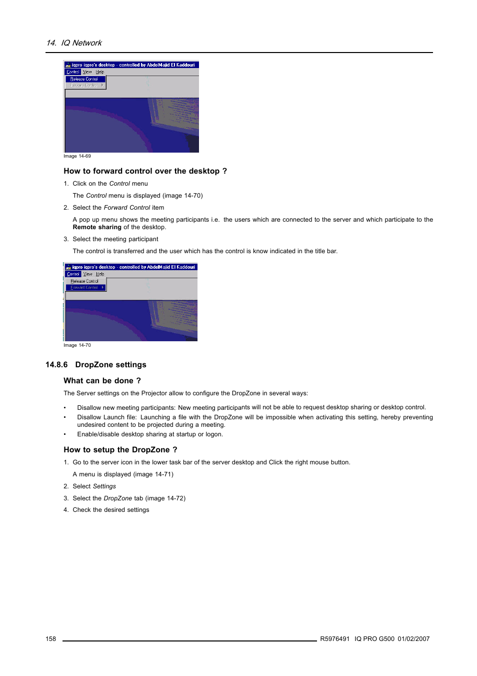 6 dropzone settings, Iq network | Barco iQ Pro G500 User Manual | Page 164 / 195